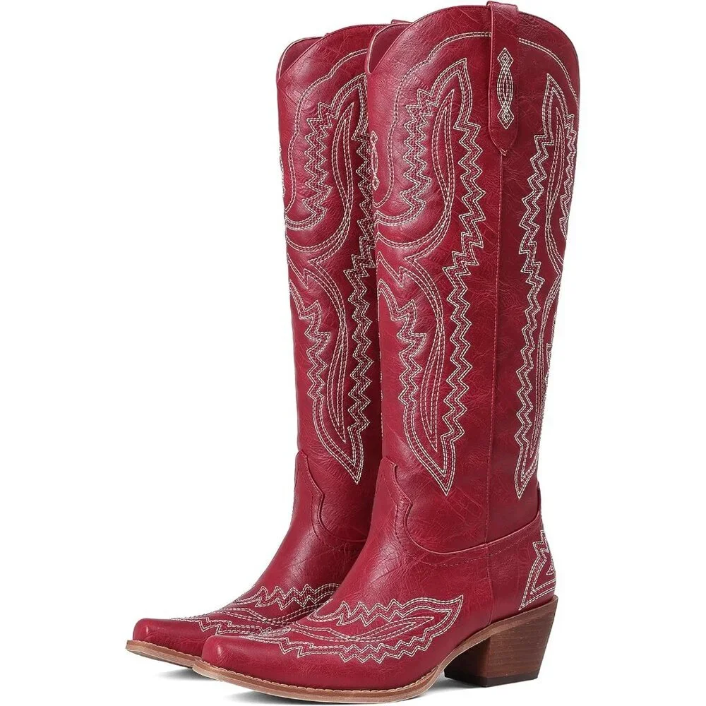 Women Red Knee High Western Boots With Classic Embroidered Chunky Heel